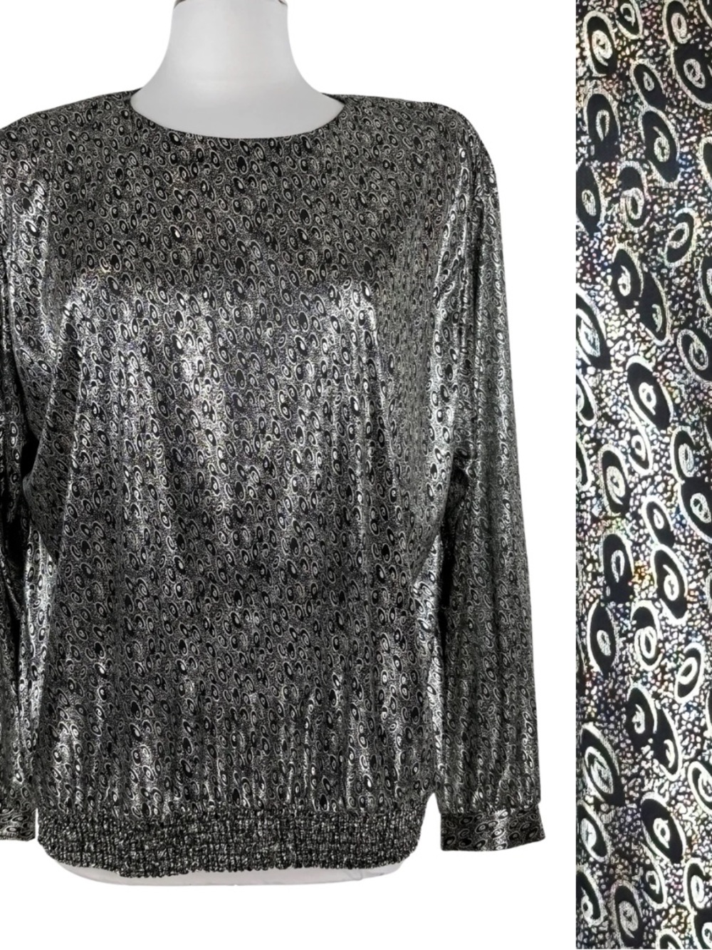 Vintage DK Gold Metallic Silver Black Long-Sleeve Pullover Flowy Blouse Large